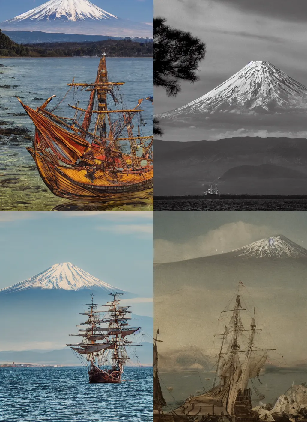 Prompt: a photograph of a galleon ship sailing in a lake. mount fuji in the background. realistic. hq. photoreal. zeiss lens. detailed. cinematic. 4K. DSLR.