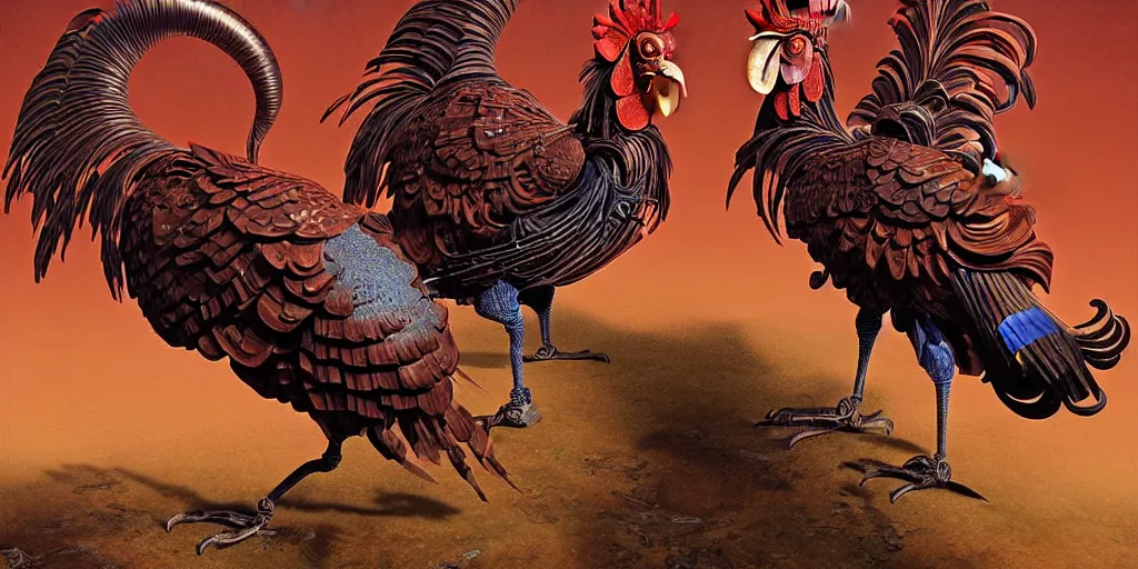 Image similar to digital painting of two mechanical roosters fighting, by wayne barlowe and bob pepper and karl wilhelm de hamilton, dieselpunk, steampunk, highly detailed, intricate, sharp focus, portrait, talons, anatomy, beak, wings