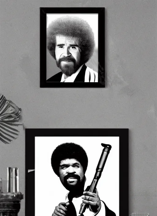 Image similar to Bob Ross as Scarface, Scarface black and white movie poster. machinegun