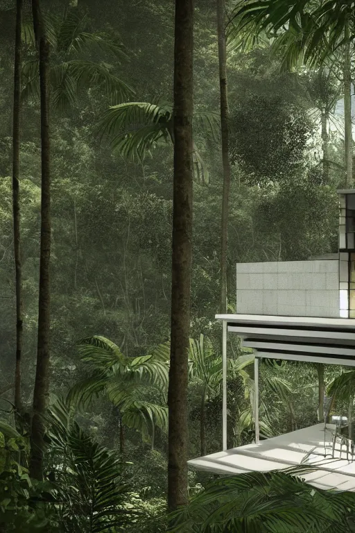 Image similar to architecture inspired by le corbusier in the rainforest. octane render. global illumination. mist. atmospheric.