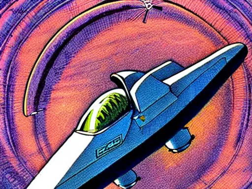 Image similar to a scifi illustration of a fururistic fighter jet. flat colors, limited palette in FANTASTIC PLANET La planète sauvage animation by René Laloux