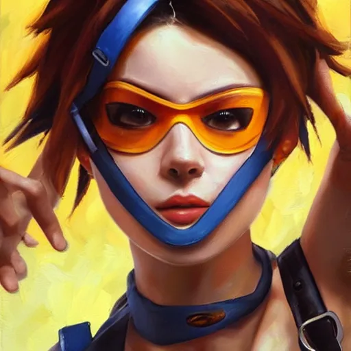 Image similar to oil painting of tracer overwatch in a field wearing large leather belt choker around neck, in style of mark arian, expressive face, detailed face, detailed eyes, full body, feminine face, tracer overwatch,