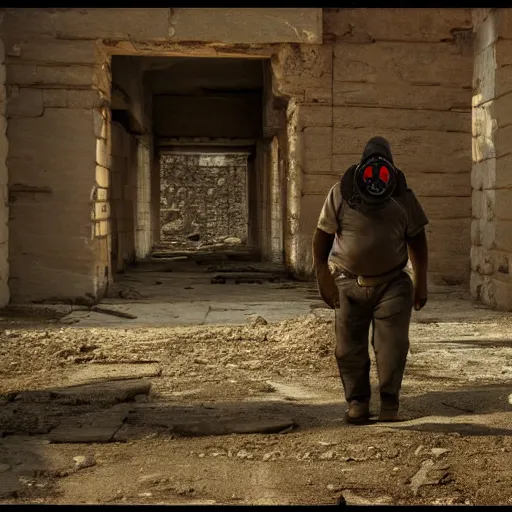 Prompt: a man wearing heavy equipment and a gasmask walking through the remains of an ancient city, surreal, film still, 8k