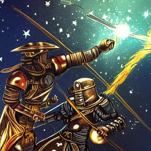 Prompt: steampunk warrior dueling a knight, space, fiery, galaxy, war