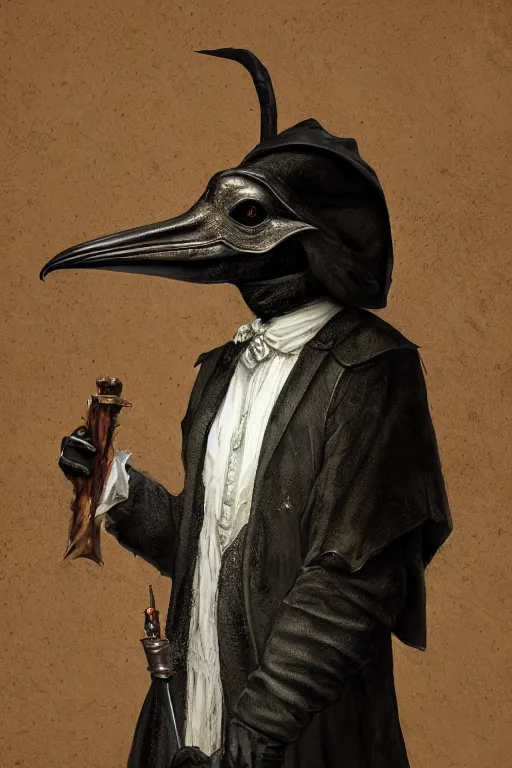 Image similar to A fancy portrait of a 1300's Plague Doctor with a beak mask by Greg Rutkowski, Sung Choi, Mitchell Mohrhauser, Maciej Kuciara, Johnson Ting, Maxim Verehin, Peter Konig, Bloodborne, 8k photorealistic, cinematic lighting, HD, high details, dramatic, dark atmosphere, trending on artstation