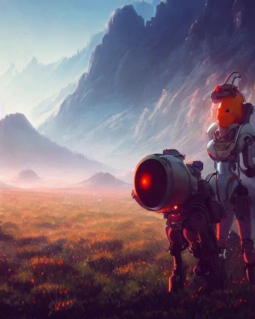 Prompt: friendly carrot cyborg, scifi farm, morning light, cinematic, mountains, atmosphere, interesting, high quality, perfect, 8 k high detail, masterpiece, trending on artstation, by akihiko yoshida