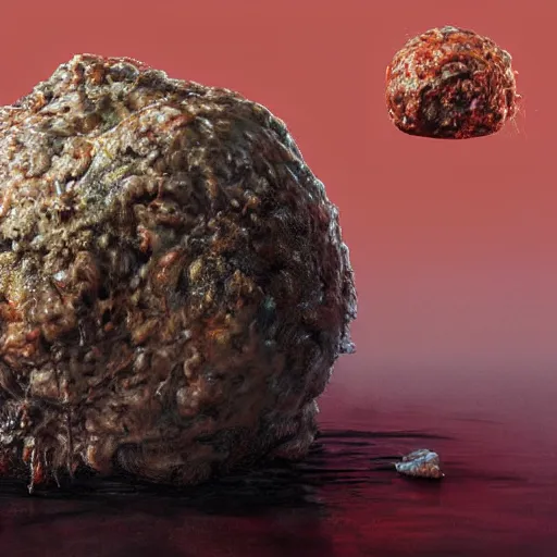 Image similar to hyperrealistic mixed media high resolution image of a greasy meatball that bears a striking resemblance to Danny DeVito, stunning 3d render inspired art by István Sándorfi and Greg Rutkowski and Unreal Engine, perfect symmetry, dim volumetric lighting, 8k octane beautifully detailed render, post-processing, extremely hyper-detailed, intricate, epic composition, highly detailed attributes, highly detailed atmosphere, full body shot, cinematic lighting, masterpiece, trending on artstation, very very detailed, masterpiece, stunning, flawless structure, lifelike texture, perfection,