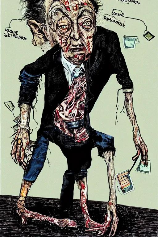 Image similar to George Soros full body shot, dollar bills Body horror, biopunk, by Ralph Steadman, Francis Bacon, Hunter S Thompson