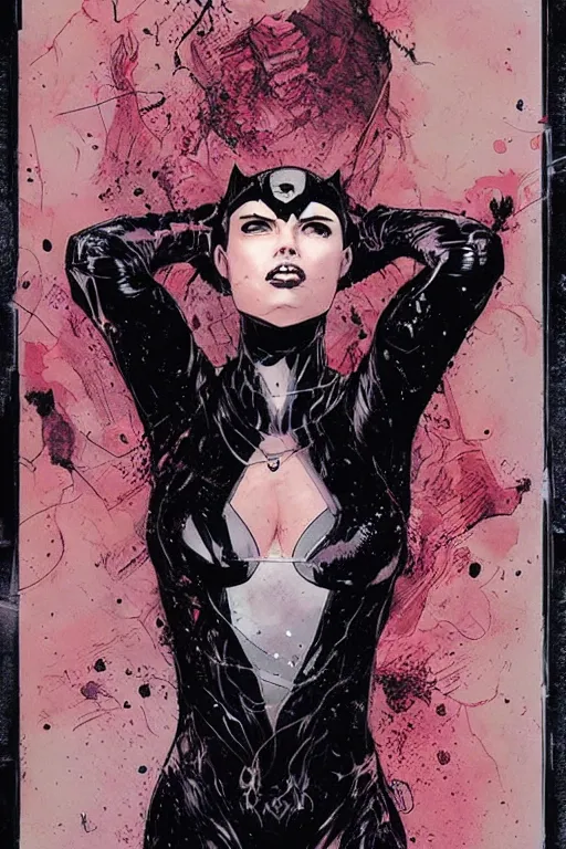 Prompt: comic cover art by david mack and greg rutkowski, catwoman full body, asian female, perfectly symmetrical facial features, tight fit, bleed, spatter, india ink, bill sienkiewicz