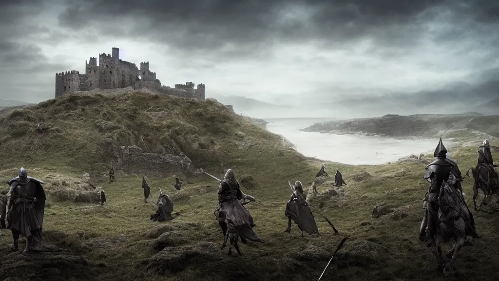 Image similar to fifteenth century medieval warriors in a coastline cliff landscape, background castle, perspective, folklore, King Arthur, Lord of the Rings, Game of Thrones. Photographic, Photography, photorealistic, concept art, Artstation trending , cinematic lighting, cinematic composition, rule of thirds , ultra-detailed, dusk sky , low contrast, natural lighting, fog, realistic, light fogged, detailed, atmosphere hyperrealistic , volumetric light, ultra photoreal, Matte painting, movie concept art, hyper-detailed, insanely detailed, corona render, octane render, 4k