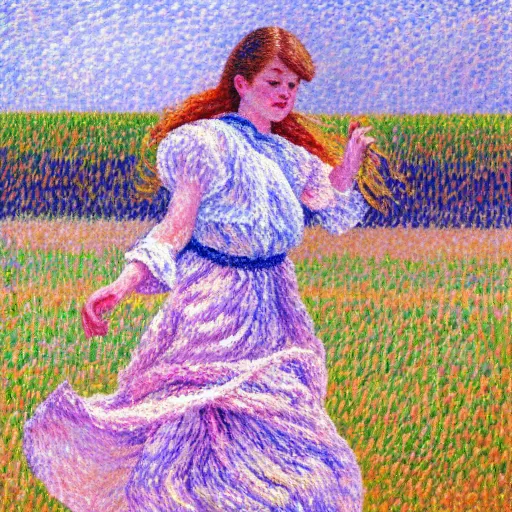 Image similar to an impressionist oil painting of girl with long hair in a white long dress running on the field in a foggy weather by paul signac