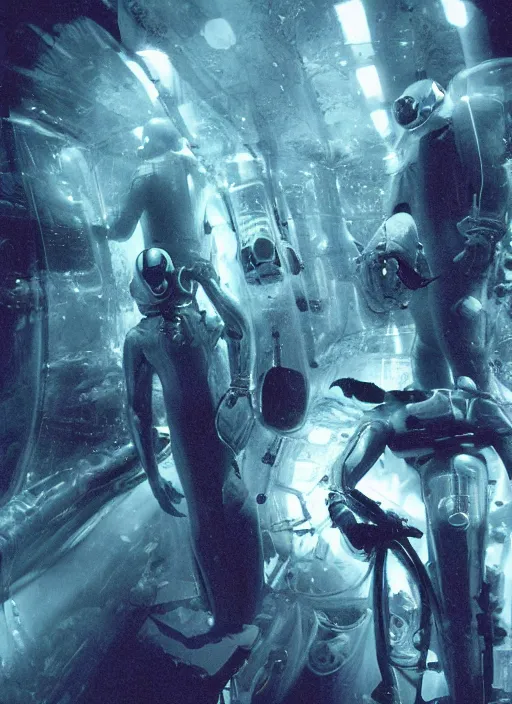 Image similar to astronauts in dark and empty void underwater - complex and hyperdetailed technical suit. reflection and dispersion materials. rays and dispersion of light. volumetric light. 5 0 mm, f / 3 2. noise film photo. flash photography. ultra realistic, wide angle. poster by wayne barlowe, hajime sorayama aaron horkey, craig mullins