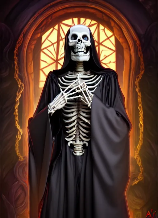 Image similar to overlord, undead skeleton king, wearing an academic gown, tarot card, highly detailed, deep focus, elegant, digital painting, smooth, sharp focus, illustration, ultra realistic, 8 k, art by artgerm and alphonse mucha