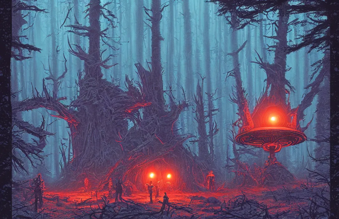 Prompt: dark sci-fi UFO landing place in grim dark forest with alien visitors, demonic shrine, digitally painted by Tim Doyle, Kilian Eng and Thomas Kinkade, centered, uncropped
