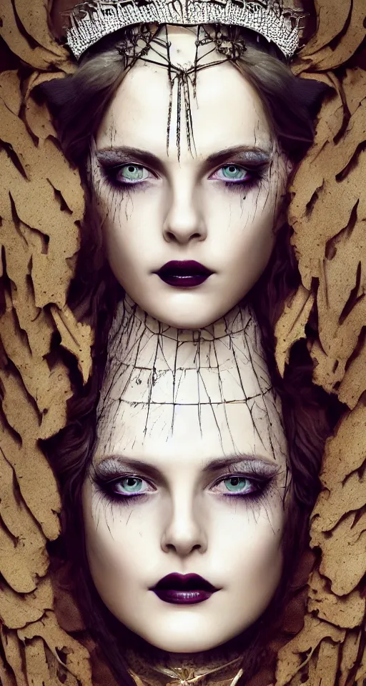 Image similar to a single faced portrait of the enchantress queen with a stunning timeless beauty, breathtaking eyes, perfect skin, feathered eyelashes, royal gothic dress with a lot of leather, heavy silent hill aesthetic, incredibly intricate, digital art, blender, houdini & photoshop, very elegant & complex, hyper-maximalist, overdetailed, epic cinematic quality, biblical art lighting, photorealistic, lifelike, OLED, DSLR HDR 8k, face is the focus, facial feature symmetry, hyper composed, created by Nixeu & z--ed from deviantart