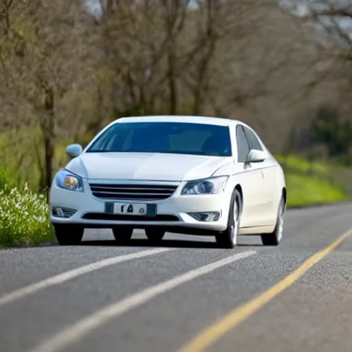 Prompt: a white car driving on a country road, early morning, spring, high details, realistic