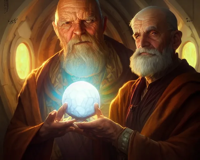 Image similar to old man creating a glowing orb, deep focus, d & d, fantasy, intricate, elegant, highly detailed, digital painting, artstation, concept art, matte, sharp focus, illustration, hearthstone, art by artgerm and greg rutkowski and alphonse mucha