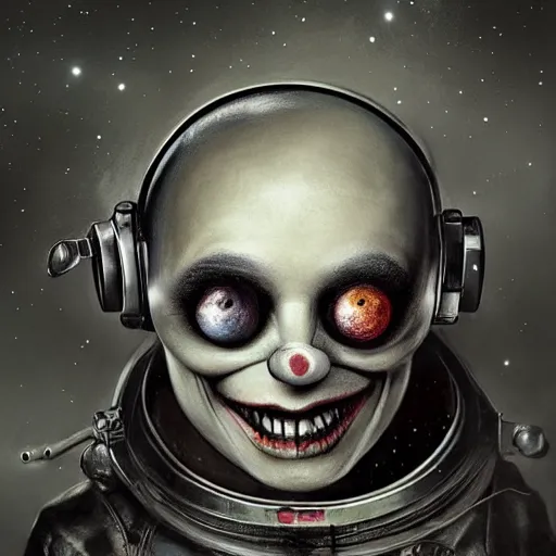 Prompt: michal karcz surrealism grunge Pastel drawing of the end of an astronaut happy in the galaxy. , in the style of jack skellington, in the style of a clown, loony toons style, horror theme, detailed, elegant, intricate, 4k, Renaissance painting