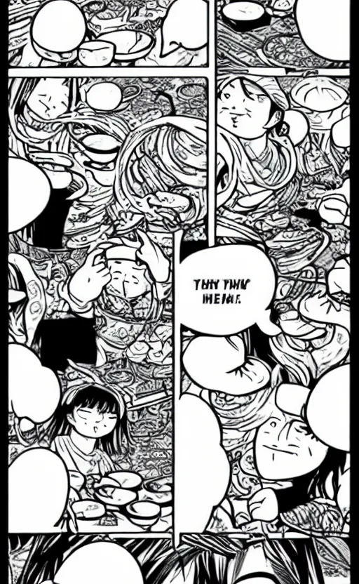 Image similar to A white elephant eats instant noodles, manga style.