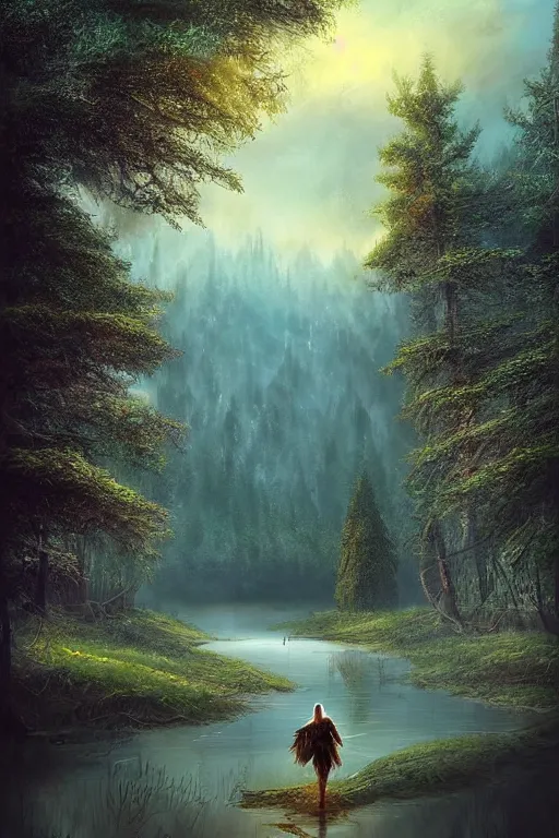 Image similar to beautiful matte painting style dark academia, street art fantasy path mountains and meadow in the background near a lake reflecting the trees, atmospheric lighting, painted, intricate, volumetric lighting, beautiful, rich deep colors masterpiece, sharp focus, ultra detailed by