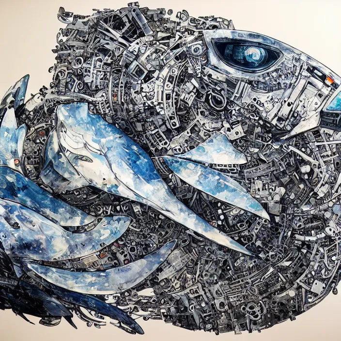 Prompt: mechanical whale, painting, by greg ruthowski, yoshikata amano, yoji shinkawa, alphonse murac, collaborative artwork, beautifully drawn, heavily detailed