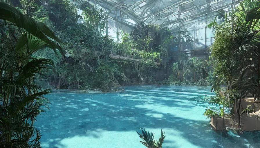 Prompt: Abandoned dusty indoor empty pool covered by vegetation during heat wave , hyperdetailed, artstation, cgsociety, 8k