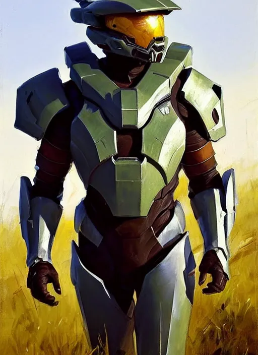 Image similar to Greg Manchess painting of a humanoid Corgi wearing Forerunner Armor from Halo, countryside, calm, fantasy character portrait, dynamic pose, above view, sunny day, artwork by Jeremy Lipkin and Giuseppe Dangelico Pino and Michael Garmash and Rob Rey, very coherent asymmetrical artwork, sharp edges, perfect face, simple form, 100mm