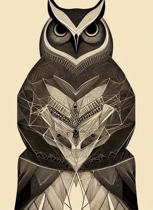 Image similar to portrait of a geometric owl, identical eyes, medium shot, illustration, full body made of white feathers, symmetrical, art stand, super detailed, cinematic lighting, and its detailed and intricate, gorgeous, by peter mohrbacher