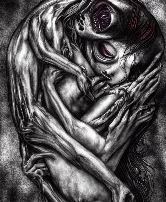 Image similar to xenomorph hugging pale sad beauty merging, dark mist colors, giger background liminal void, digital art, cinematic lighting, realistic, award winning photograph, various refining methods, micro macro autofocus