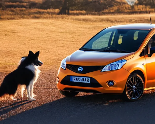 Image similar to border collie dog driving an orange nissan note, dog driving car, rally driving photo, award winning photo, golden hour, perfect composition