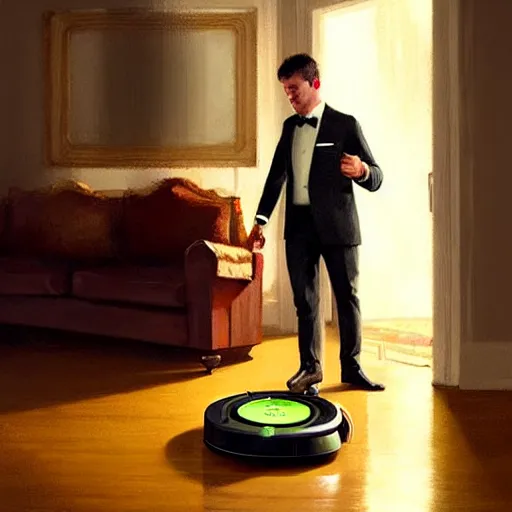 Image similar to A humble roomba butler attempts to serve food to guests at a fancy houseparty, 4k, trending on Artstation, art by Greg Rutkowski