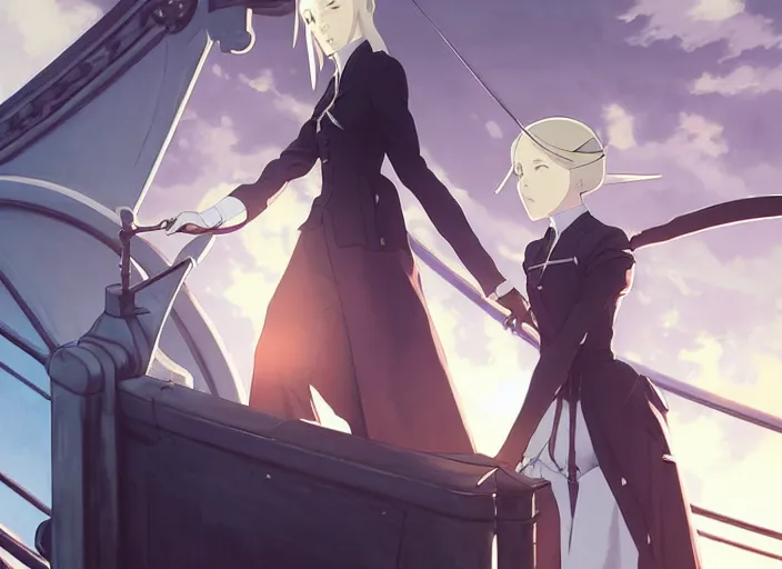 Image similar to portrait of lady maria, helm of second world war warship in background, illustration concept art anime key visual trending pixiv fanbox by wlop and greg rutkowski and makoto shinkai and studio ghibli and kyoto animation, symmetrical facial features, shoulder eyes, astral witch clothes, dieselpunk, realistic anatomy, gapmoe yandere grimdark, volumetric lighting, backlit