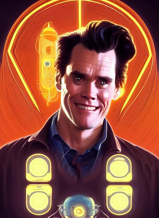 Image similar to symmetry!! portrait of ace ventura jim carrey, chemisty, sci - fi, glowing lights!! intricate, elegant, highly detailed, digital painting, artstation, concept art, smooth, sharp focus, illustration, art by artgerm and greg rutkowski and alphonse mucha, 8 k