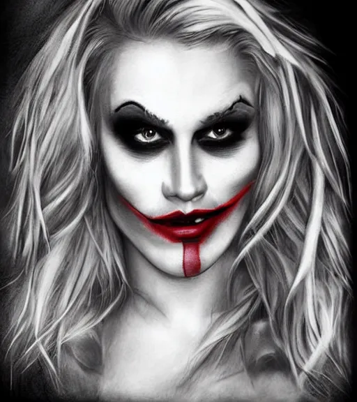 Image similar to ! dream tattoo design sketch of a beautiful blonde girl portrait with joker makeup, in the style of den yakovlev, realistic face, black and white, realism tattoo, hyper realistic, highly detailed