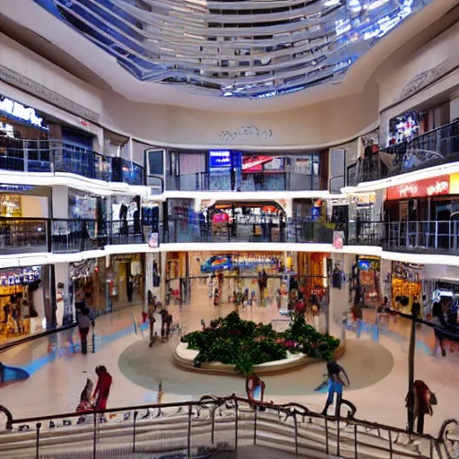 Image similar to photo of inside a shopping mall the inside is flooded with over 7 meters of water clear beautiful water, highly detailed.