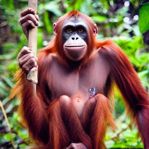 Image similar to “tall Goblin orangutan hybrid with mange holding a spear, jungle background”