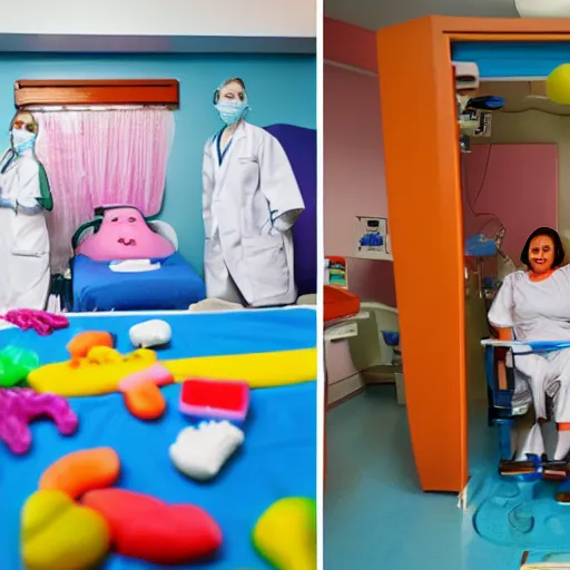 Prompt: photo of a happy patient and nurse in a hospital room made out of soft candy, candy equipment, candy hospital room, candy treatments