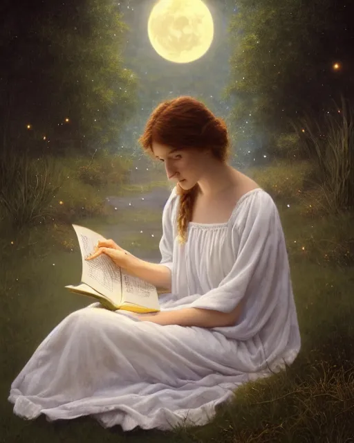 Image similar to a girl in white nightgown reading a book by the river, a full moon on the horizon, dark starry sky, golden orbs and fireflies, illustration, dramatic lighting, painting oil on canvas, art nouveau, 8 k, by edmund blair leighton, brom, charlie bowater, trending on artstation, faces by tom bagshaw, sargent