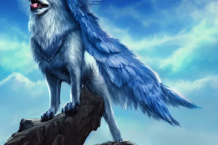 Image similar to Blue feathered wolf with wings on a beautiful fantasy landscape, hills, mountains, visible planets in the sky, pastel colors, post processing, ultra detailed, trending on artstation