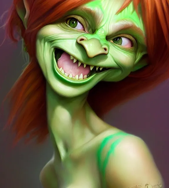 Prompt: cute female goblin smiling, perfect face, tiara, pale green halter top, auburn hair, abs, cinematic, blush, stunning, elegant, highly detailed, psychedelic, digital painting, artstation, smooth, hard focus, illustration, art by jessica rossier and and brian froud