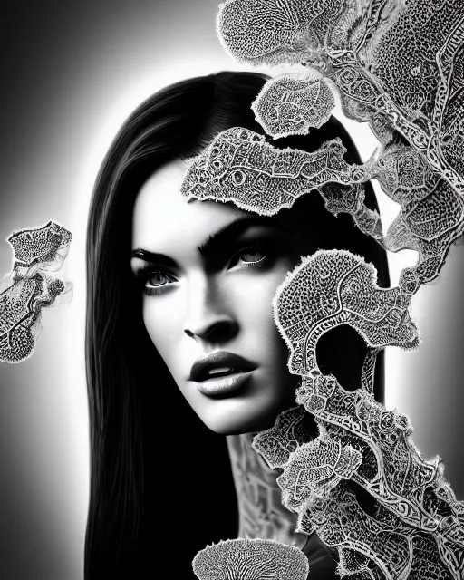 Image similar to surreal mythical dreamy artistic black and white fine art photo of megan fox - medus - cyborg covered with lace fish scales and translucent algae, highly detailed, intricate crystal ivy lace jelly fish scales ornate, poetic, octane render, 8 k, photo - realistic