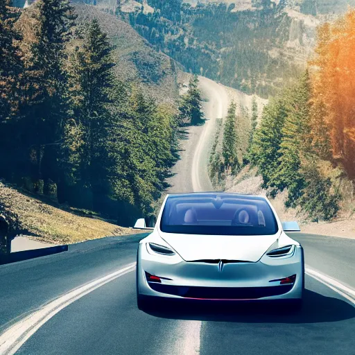 Prompt: 2032 tesla model Q, electric car, centered in frame advertisement, motion blur, commercial, 4k, futuristic, realistic, photography, aesthetic, clean, mountain road, springtime