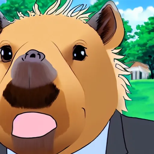 Prompt: Bernie Sanders riding a capybara anime