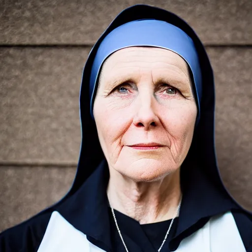 Prompt: a portrait photograph of a serious, spiritual, 4 9 - year - old nun american oil - and - gas worker canon 8 5 mm f 1. 2 photograph head and shoulders portrait