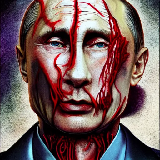 Prompt: vladimir putin became bloody ugly lovecraftian degenerate abomination, photo - realistic, color image, 2 k, highly detailed, bodyhorror, occult art, fractal structure