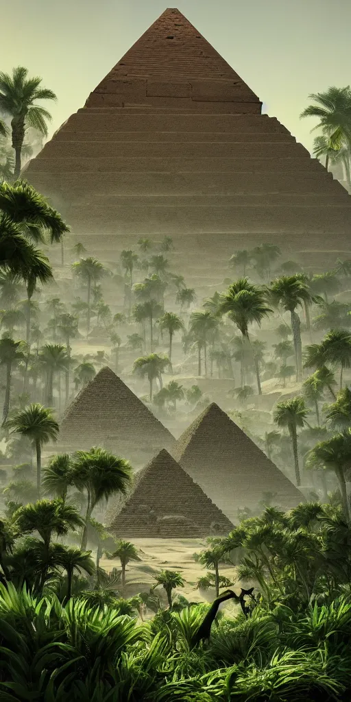 Image similar to symmetry!! the lost ancient megalithic builders, ancient egypt pyramids, lush green, surreal landscape, very detailed, perfect composition, perfect lighting, 4 k, trending on artstation, greg rutkowski, derek zabrocki, artgerm, cgsociety, octane render