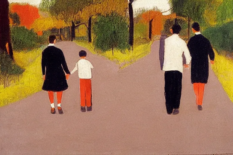 Prompt: a tall man with dark hair holding the hands of a small boy with dark hair as they walk down a suburban highway on a bright beautiful colorful day. part in the style of an edgar degas painting. part in the style of david hockney