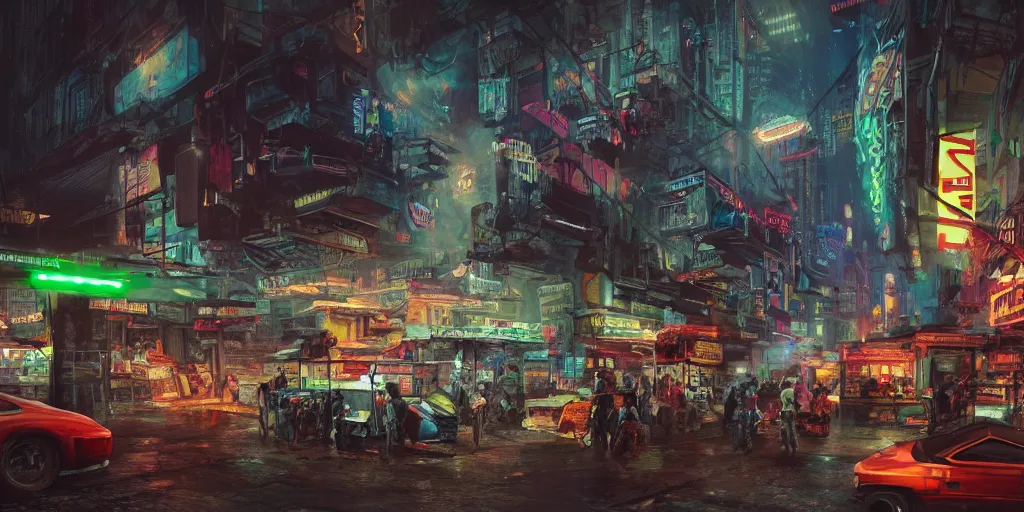 Image similar to a guatemalan cyberpunk city market with neon ads and signs with evocative dramatic mood with blade runner vibe with cars and floating vehicles with motion blur with depth of field with bloom with lightshaft with volumetric lights, fog, by jeremy mann, alberto mielgo, oscar winning graphics, photo realistic, bloom, imax, dynamic lighting, artstation,