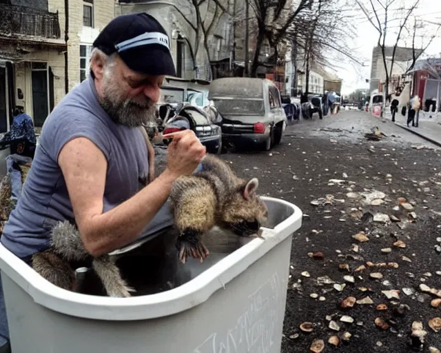 Image similar to slavoj zizek battling with a racoon for food in a trash container in the street