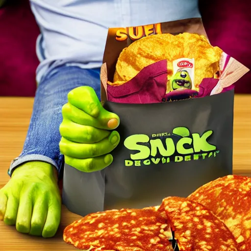 Prompt: shrek devouring bag upon bag of taco bell